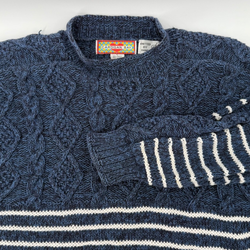 Cardigan Bay womens Hand Knit Cable Striped Sweater Navy Blue Ramie Cotton Large